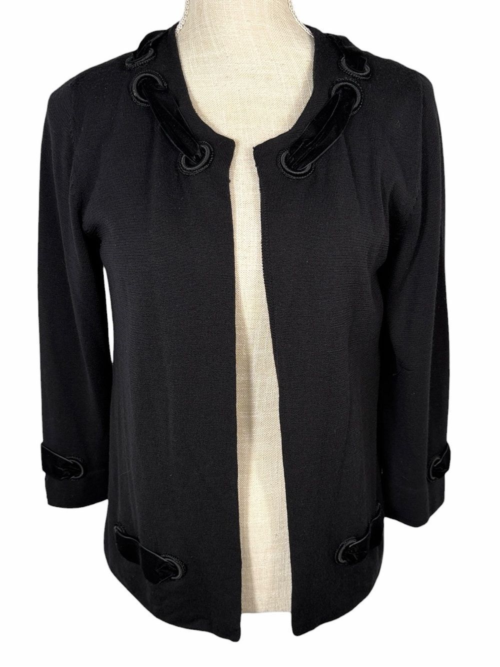 Anna Sui Black Vintage Merino Wool Cardigan with Velvet Ribbon Detail